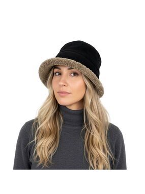 Vtg Gravel Canada black suede leather tan shearling lined winter bucket hat M